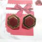 Vintage Burgundy Black Enamel Stud Button Earrings Yellow Gold Plated Posts