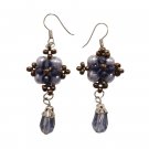 Vintage Purple Pearls Beaded Blue Brown Dangle Drop Earrings Silver Plated Hook