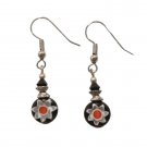 Vintage Art Glass Navy Blue Flower  Dangle Drop Earrings Silver Plated Hook
