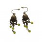 Vintage Green Cat Eye & Beads Dangle Drop Earrings Brass Hook