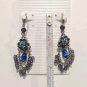Vintage Two Tone Blue Rhinestone Flower Dangle Drop Earrings Silver Plated Posts