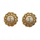 Vintage Beige Enamel Ank Round Stud Button Earrings Yellow Gold Plated Posts