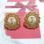 Vintage Beige Enamel Ank Round Stud Button Earrings Yellow Gold Plated Posts