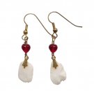 Vintage Red Crystal Hearts Mother Of Pearl Dangle Drop Earrings Gold Plated Hook