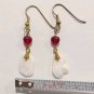 Vintage Red Crystal Hearts Mother Of Pearl Dangle Drop Earrings Gold Plated Hook