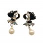 Vintage Faux Pearl Rhinestone Black Enamel Bow Dangle Drop Earrings Posts