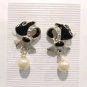 Vintage Faux Pearl Rhinestone Black Enamel Bow Dangle Drop Earrings Posts