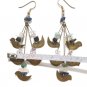 Vintage Rare Brass Birds Lapis Lazuli Amethyst Onyx Dangle Drop Earrings Hook
