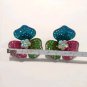 Vintage Pink Blue Green Rhinestone Flower Stud Earrings Yellow Gold Plated Posts