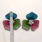 Vintage Pink Blue Green Rhinestone Flower Stud Earrings Yellow Gold Plated Posts
