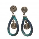 Vintage Aqua & Navy Blue Silver Tone Wire Swirl Dangle Drop Earrings Posts