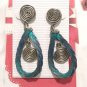 Vintage Aqua & Navy Blue Silver Tone Wire Swirl Dangle Drop Earrings Posts