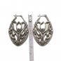 Vintage Floral Ornate Flat Hoop Earrings Silver Tone Pewter