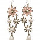 Vintage Faux Pearls Pink Rhinestone Daisy Floral Dangle Earrings Gold Tone Hook