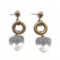 Vintage Art Glass Clear Heart Brass Circle Lampwork Dangle Drop Earrings Posts