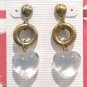 Vintage Art Glass Clear Heart Brass Circle Lampwork Dangle Drop Earrings Posts