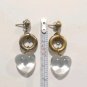 Vintage Art Glass Clear Heart Brass Circle Lampwork Dangle Drop Earrings Posts