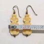 Antique Vintage Chinese Carved Beige Flower Dangle Drop Earrings Hook