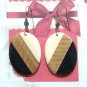 Vintage Beige Brown & Black Oval Bakelite Dangle Drop Earrings Silver Tone Hook