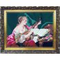 Antique Needlepoint Embroidery Women Playing Mandolin Gold Ornate Frame