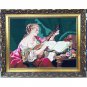 Antique Needlepoint Embroidery Women Playing Mandolin Gold Ornate Frame