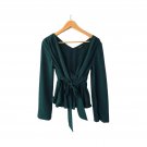 Oeuvre Women`s Top Blouse V-neck Bow Long Sleeve Dark Green Sz S