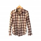 Pink Rose Women`s Shirt Long Sleeve Plaid White Brown Button Up Sz M