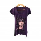 Women`s T-shirt Short Sleeve Dark Purple Round Neck Girl Print Size M