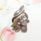 Yellow Gold Sterling Silver 925 Face Brooch Pin Lady Women Art Deco Vtg Designer Yellow Gold Sterling Silver 925 Face Brooch Pin Lady Women Art Deco Vtg Designer