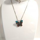 925 Sterling Silver Turquoise Coral Butterfly Pendant Necklace Navajo Italy Vtg 925 Sterling Silver Turquoise Coral Butterfly Pendant Necklace Navajo Italy Vtg