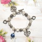 Silver Tone Beaded Charm Bracelet with Heart Accents Blue Clear Beads Silver Tone Beaded Charm Bracelet with Heart Accents Blue Clear Beads
