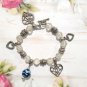 Silver Tone Beaded Charm Bracelet with Heart Accents Blue Clear Beads