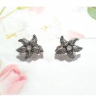 Starfish Stud Earrings Womens Silver Textured Clear Stone Clip On Beach Vintage