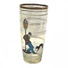 Vintage Mid Century Drinking Glass Single Gold Rim Paris at Night Man Cat Scene
