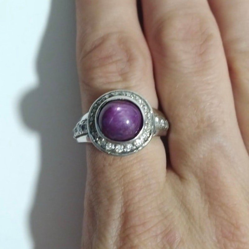 2.5ct Cabochon Star Ruby Solitaire Ring Diamonds 14K White Gold Antique Vtg