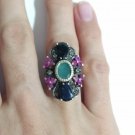 14k Yellow Gold & Silver Cocktail Ring Emerald Sapphire Ruby Diamond Antique Vtg 14k Yellow Gold & Silver Cocktail Ring Emerald Sapphire Ruby Diamond Antique Vtg