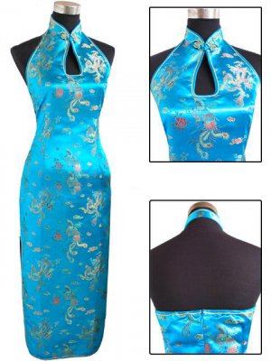 Lake Blue Chinese Backless Evening Gown/Qipao