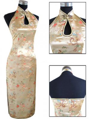 Golden Chinese Backless Evening Gown/Qipao