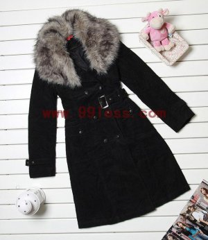 Women's Maxi-Length Button Front Down Belted Corduroy Coat - Black