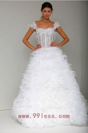A-line Capped Bodice Gown With Full A-line Feather Sweep Chain Wedding Dress Style RAFAELA