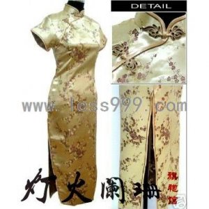 Golden Plum Oblique Lapel Short-sleeved Chinese Long Dress/Chinese Gown/Oriental Style Dress