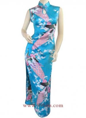 Chinese Satin Lake Blue Chinese Long Dress/Chinese Gown/Oriental Style Dress 9QIP-0146