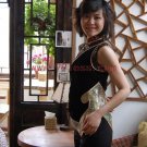 Sexy Women's Chinese Silk Shirt Patterned with Shadow Stripe and Flora Black