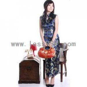 Dark Blue Pteris Drip Collar Sleeveless Chinese Long Dress/Chinese Gown/Oriental Style Dress