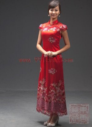 Lace Red/Wedding Embroidery Sequin Cap Sleeve Chinese Long Dress/Chinese Gown/Oriental Style Dress