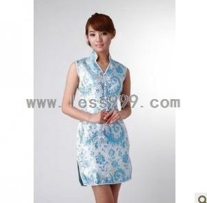 Light Blue Pteris Flower Brocade V Collar Sleeveless Chinese Mini Dress/Chinese Gown