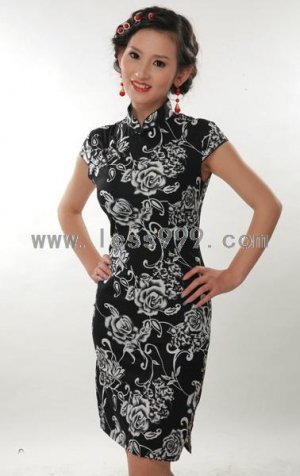 Black Cotton Batik Printing Chinese Mini Dress