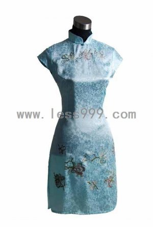 Blue High-grade Ice Silk Embroidered Chinese Mini Dress