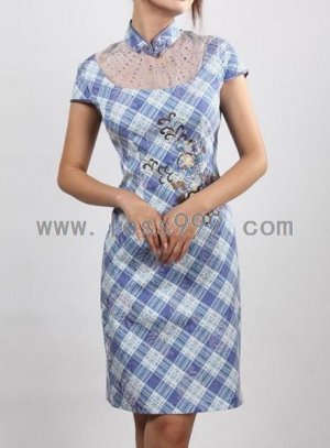 Blue Jacquard Cotton Embroidery Slim Plaid Chinese Mini Dress