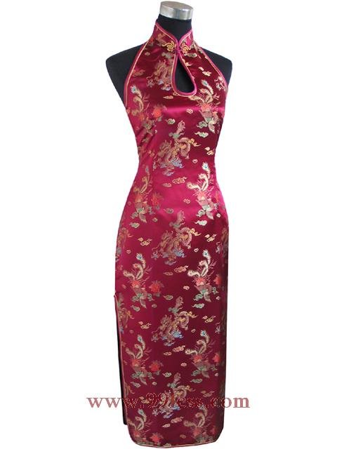 Chinese Satin Burgundy Backless Chinese Long Dress/Chinese Gown ...